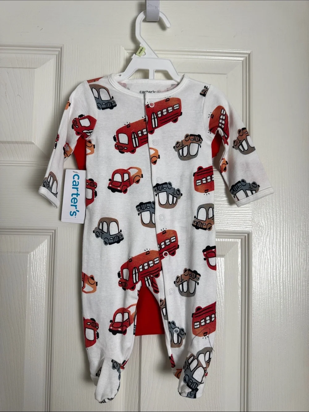 Carter's White Footed One-Piece with Red and Gray Vehicle Print 3 months